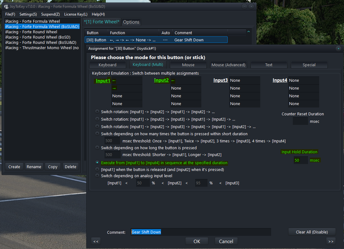 JoyToKey Shift Down Button mode dialog